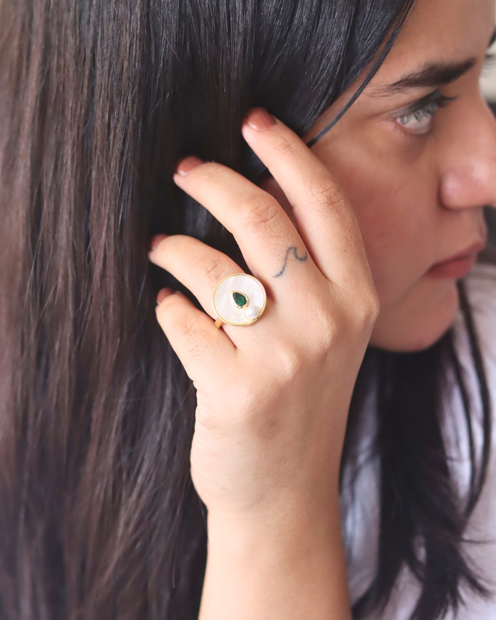 Emerald Pearl Luna Ring