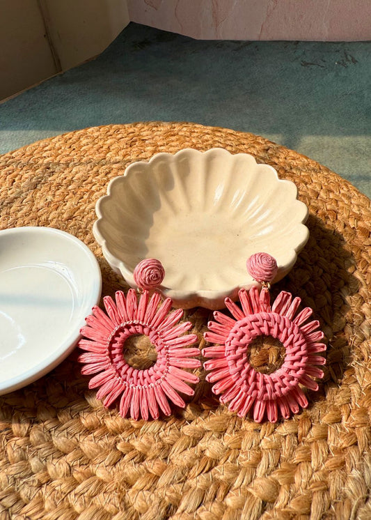 handmade Jute Bloom Earrings - Pink