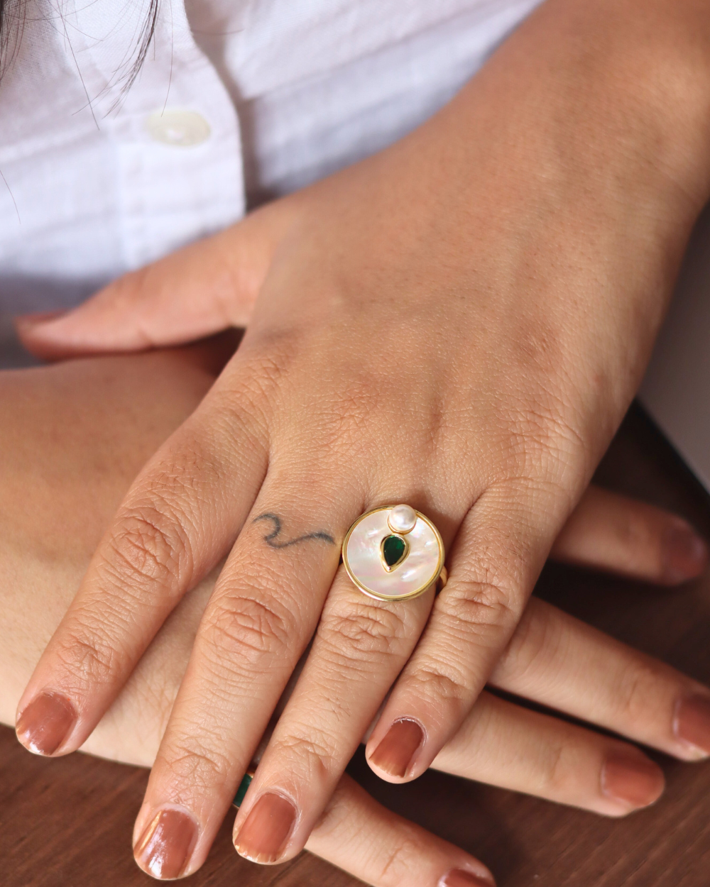 Emerald Pearl Luna Ring